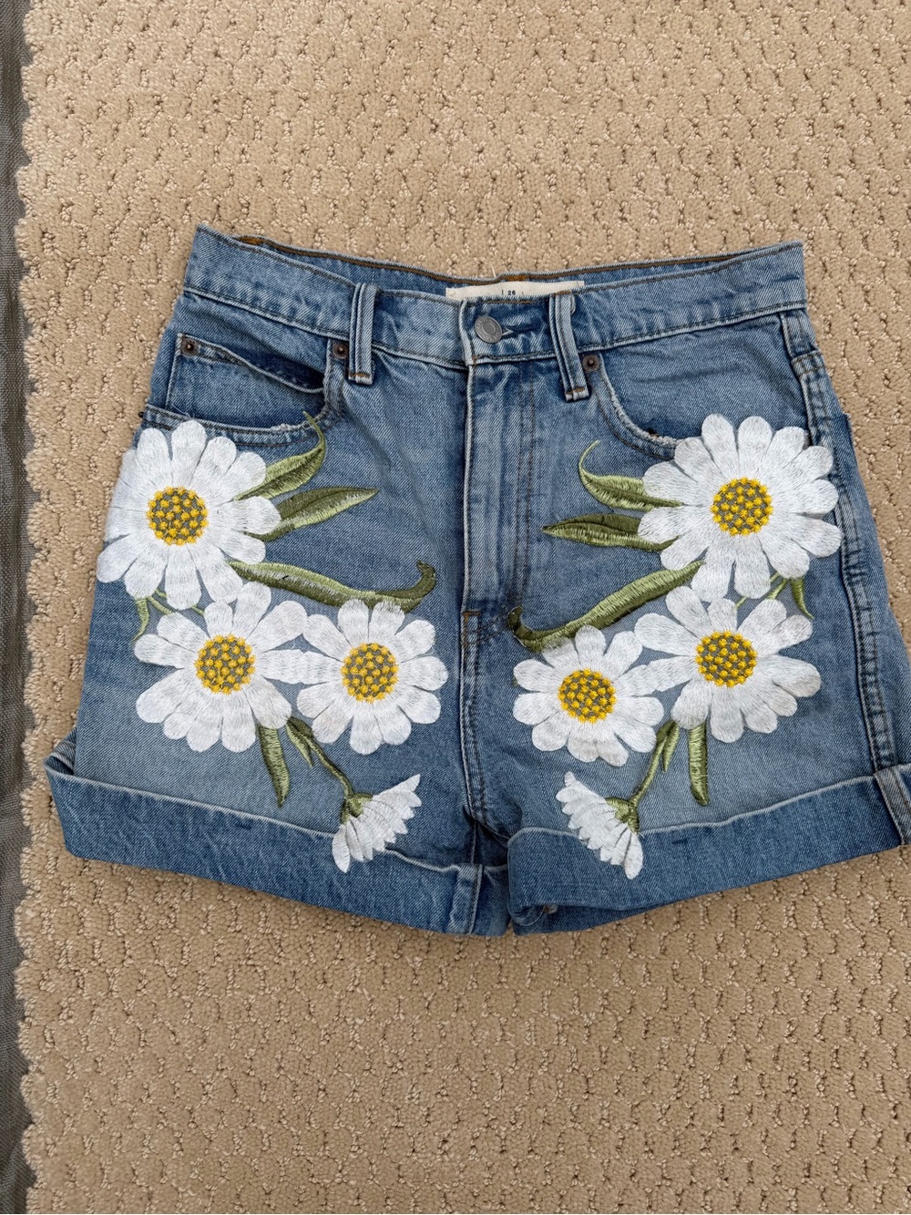 Denim Daisy Embroidered Women’s Shorts - White Daisy